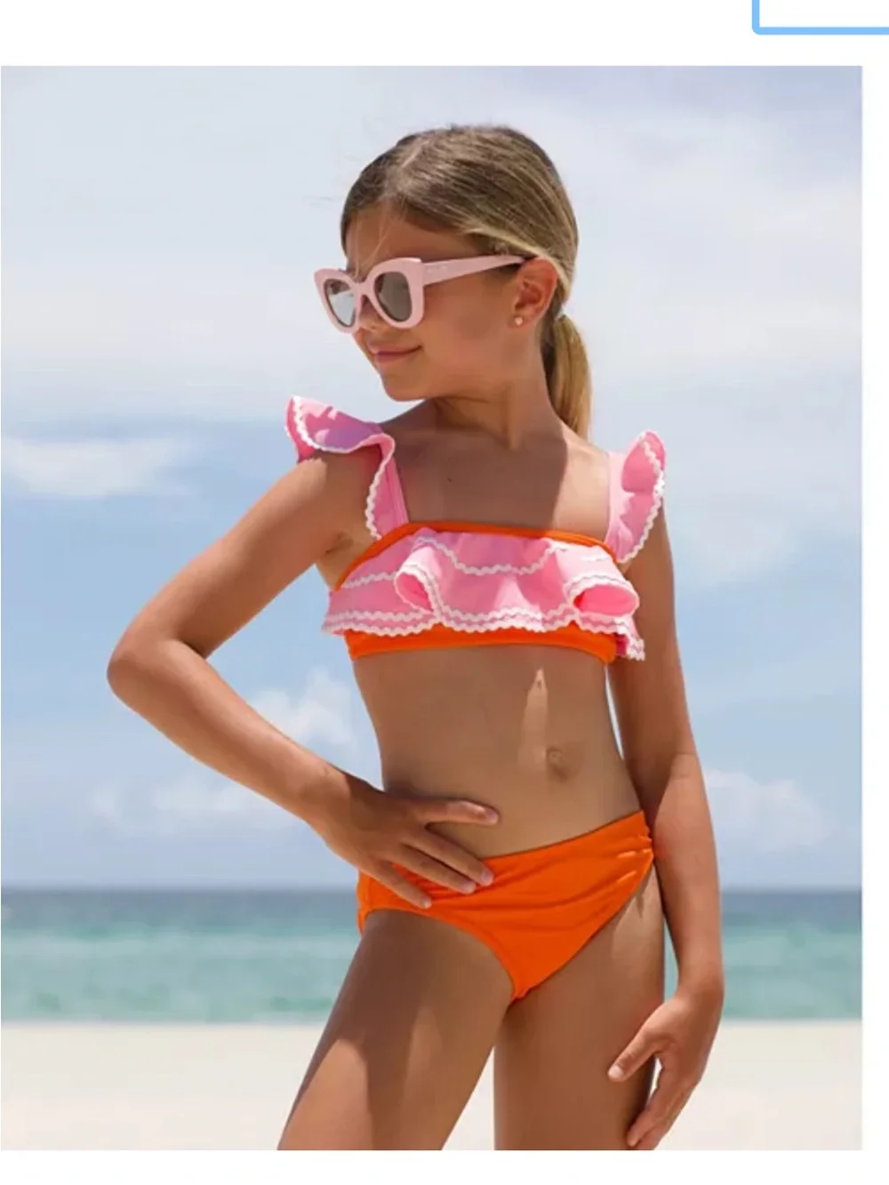 Girls Pink Ruffle Bikini Top with Orange Bottoms - Cute Swim Set